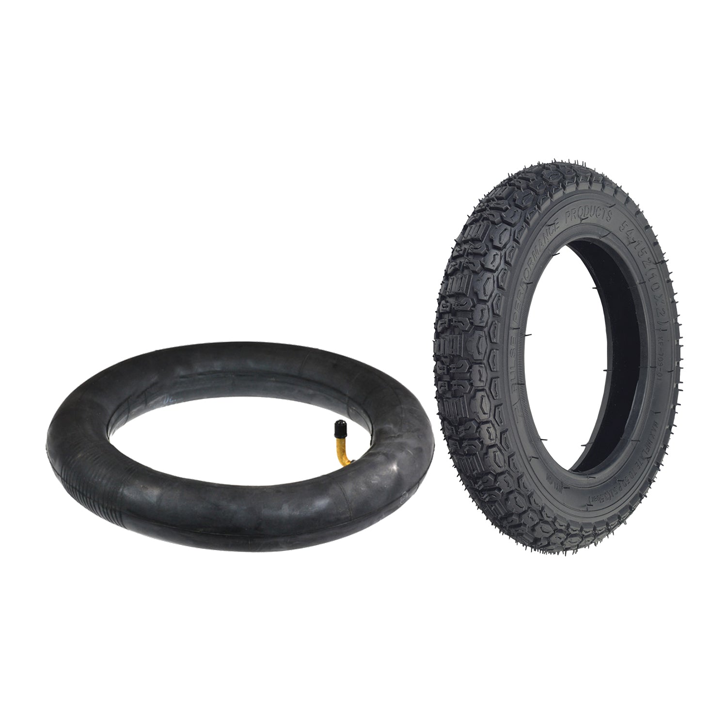 10x2 (54-152) Rear Tire for the Pulse EM-1000 Electric Dirt Bike & Street Cruiser E-Motorcycle, showing a black tire with KF-709 tread pattern and an optional inner tube with an angled valve stem.