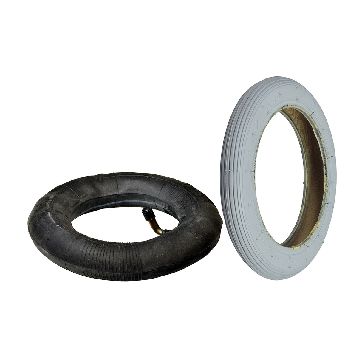 8 x 1-1/4 Pneumatic Mobility Tire with K23B Ribbed Tread, shown with a matching inner tube, ideal for mobility scooters and wheelchairs, offering smooth rides and non-marking gray rubber.