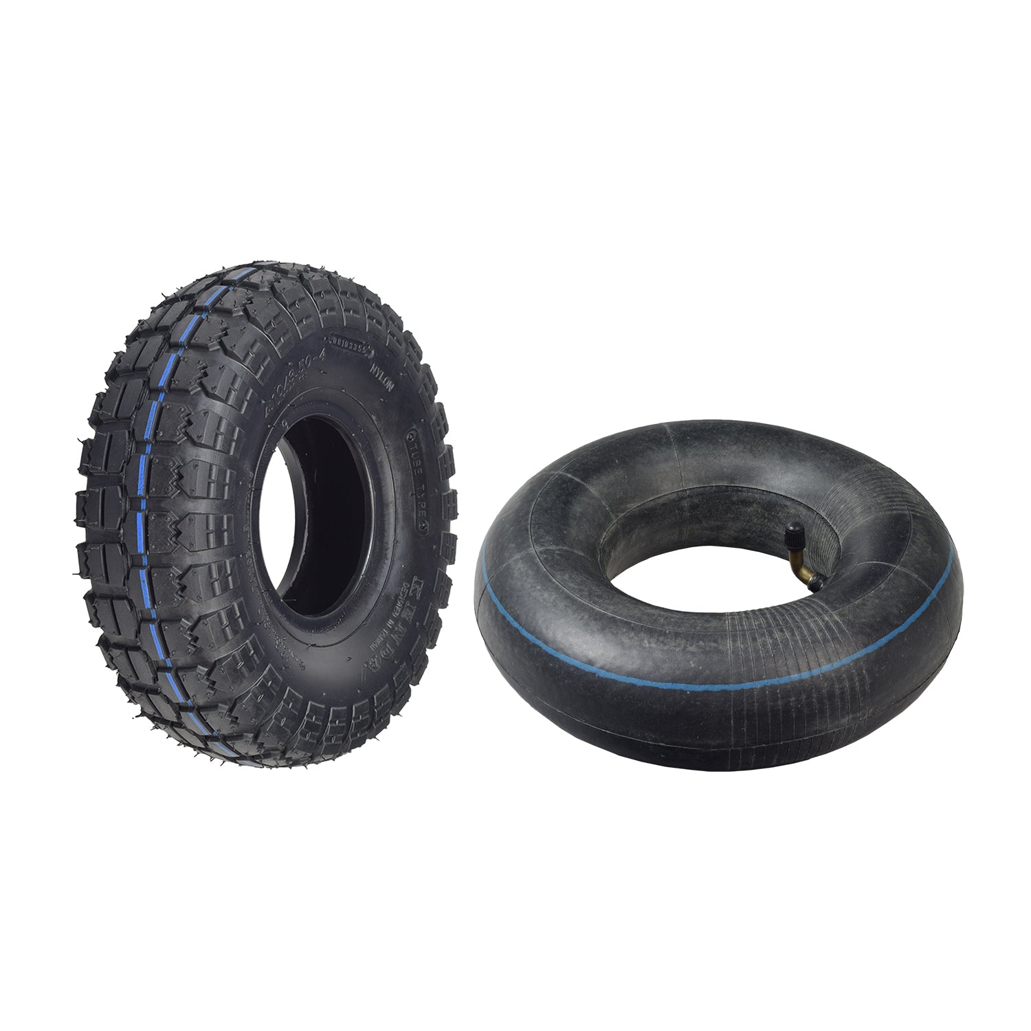 4.10/3.50-4 Scooter & Mini ATV Tire with Knobby Tread, featuring a black rubber design, visible valve stem, and optional blue striped variant, ideal for scooters, go-karts, and mini ATVs.