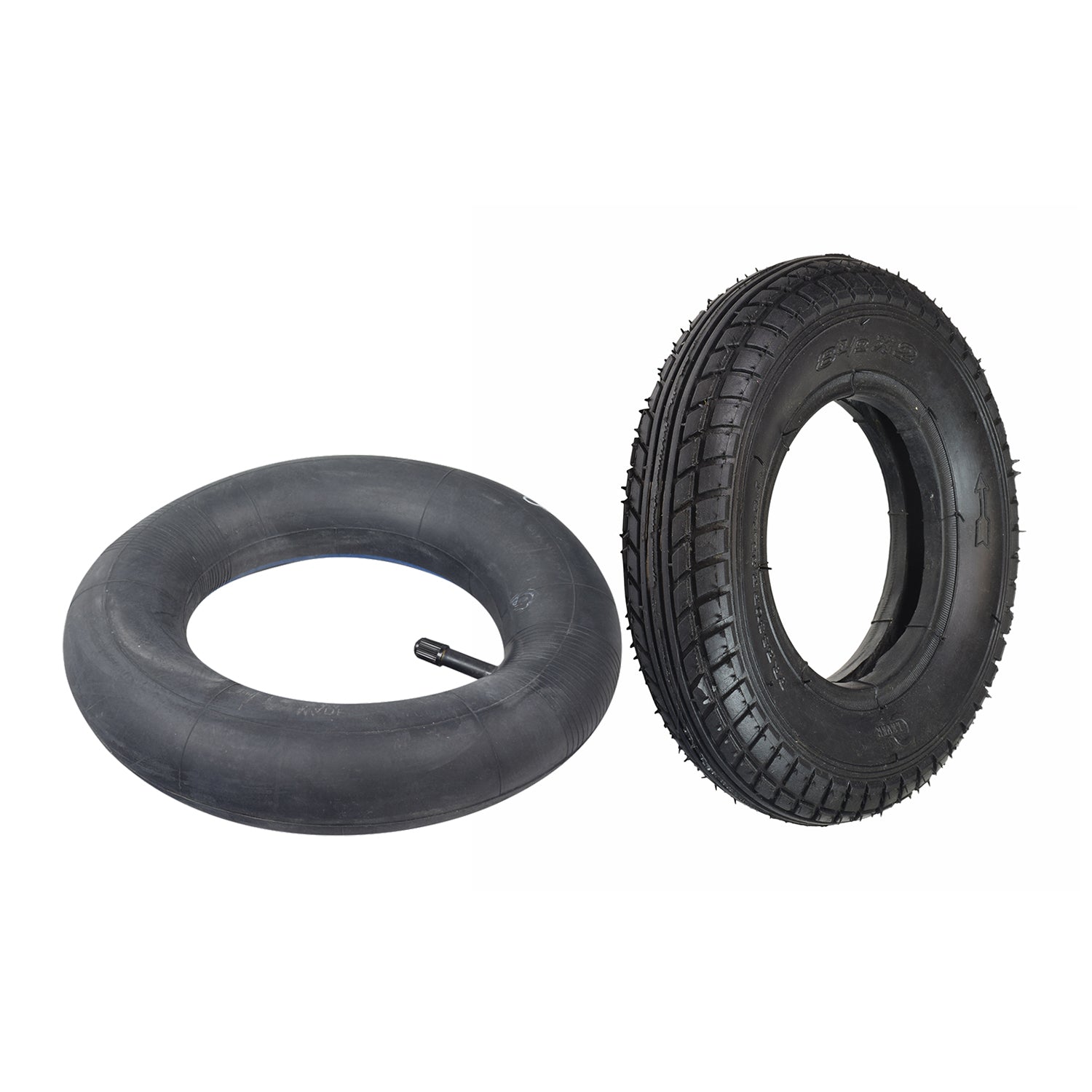 8-1/2x2 Kick Scooter Tire with P1034 Tread, featuring a directional pattern for enhanced grip, shown with matching inner tube options for versatile scooter applications.