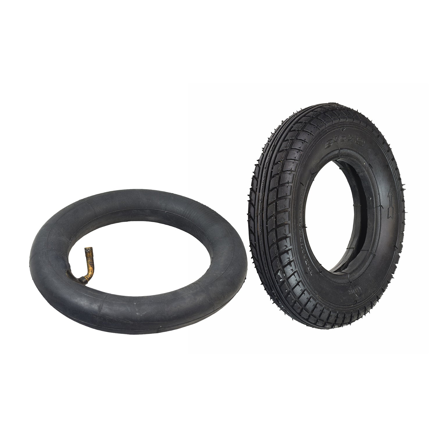 8-1/2x2 Kick Scooter Tire with P1034 Tread, featuring a directional pattern, displayed with and without an inner tube option. Ideal for various scooters, ensuring durability and optimal performance.