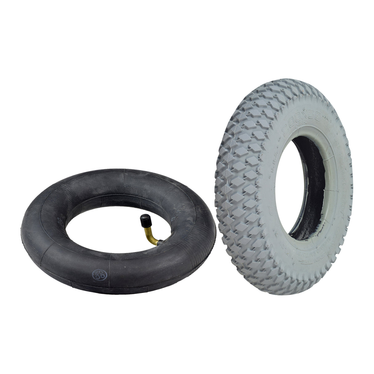 8x2 (200x50) Pneumatic Mobility Tire with C968 Diamond Tread, shown with and without a matching inner tube, highlighting the tire's aggressive tread pattern and versatility for scooters and robotics.