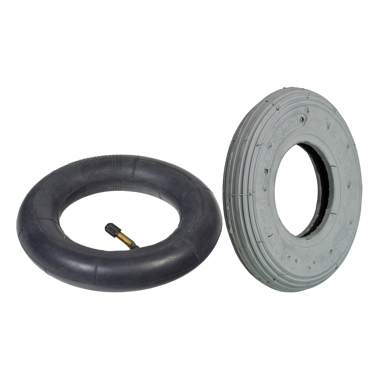 8x2 (200x50) Pneumatic Mobility Tire with K301 Ribbed Tread, shown with an optional inner tube featuring a 45-degree angled valve stem, suitable for mobility scooters and power chairs.