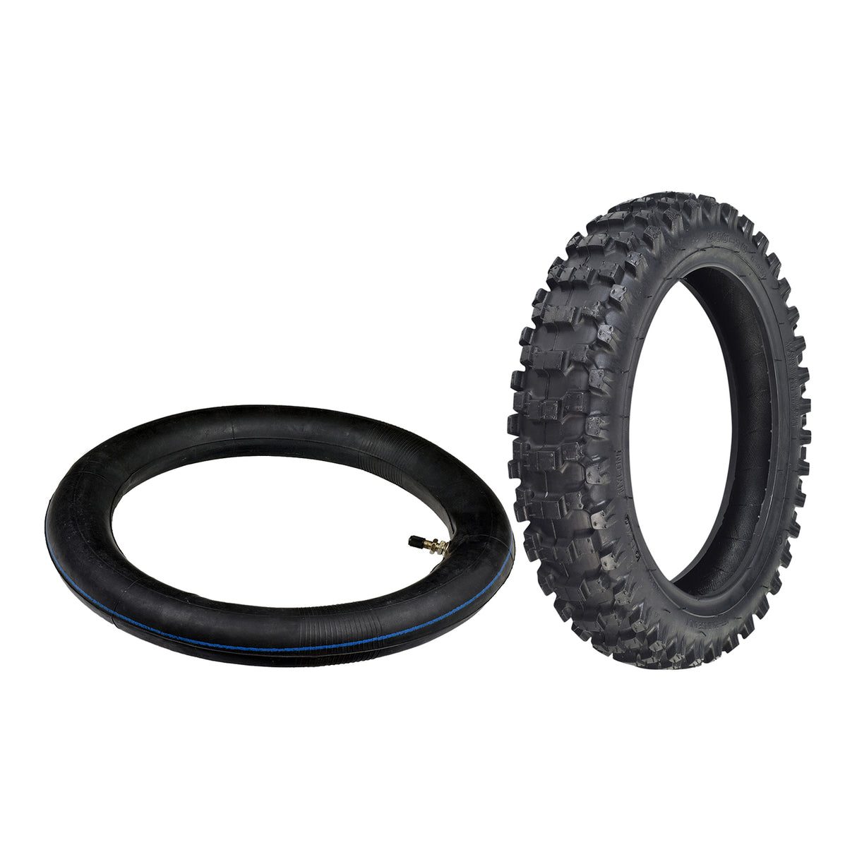 2.50-10 Dirt Bike Tire for Baja, Honda, & Motovox Dirt Bikes with a blue stripe and directional knobby tread pattern. Suitable for 49cc, 50cc, and 70cc mini dirt bikes.