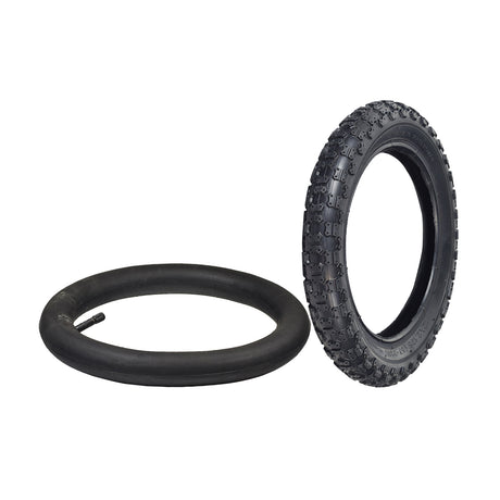 12x2.125 (57-203) Kick Scooter Tire with TL603 Knobby Tread, shown with a matching inner tube option. Designed for traction on dirt and pavement, ideal for mountain kick scooters.