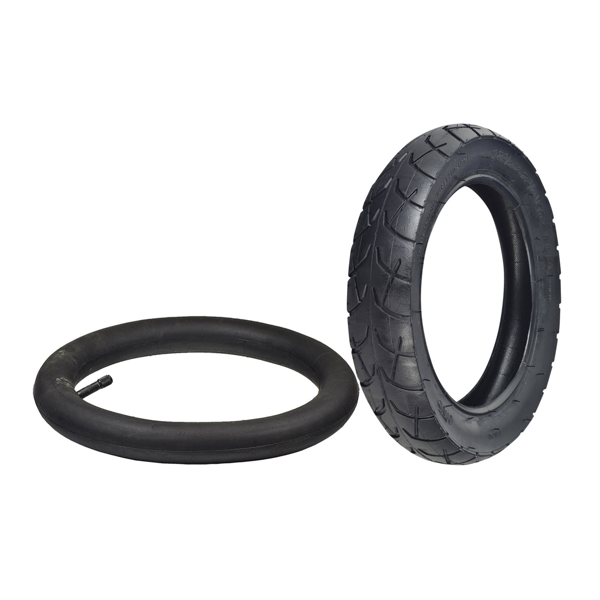 12-1/2x2-1/4 (57-203/62-203) Kick Scooter Tire with Wide Tread, shown in black, featuring a wide, low-siped tread pattern, displayed next to an identical tire.