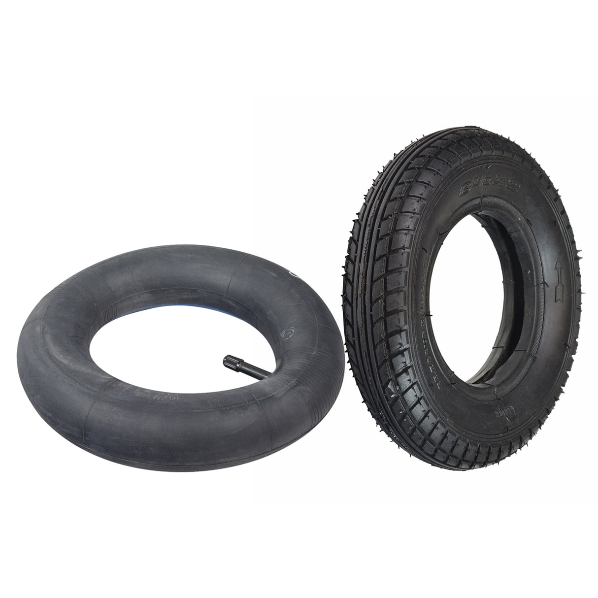 8-1/2x2 Pneumatic Scooter Tire with P1034 Directional Tread, designed for small scooters. The image shows the tire's street style tread pattern, offering an option with a matching inner tube.