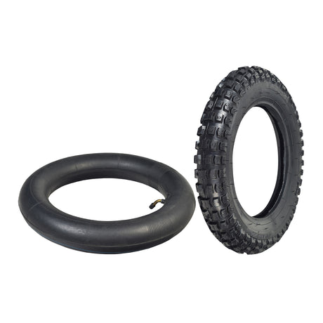 3.00-10 Tire with Knobby Tread for 49cc, 50cc, & 70cc Dirt Bikes, shown with deep treads and available options for inner tubes with either straight or angled valve stems.