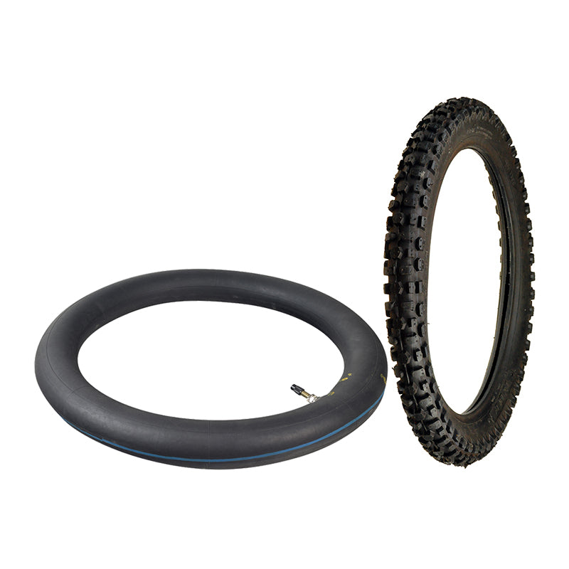 2.50-14 (1.60x14) Tire with Knobby Tread for 50cc & 70cc Baja Dirt Runner, Coolster, & Honda CRF70 Dirt Bikes, featuring a black tire with a blue stripe, and knobby tread pattern.