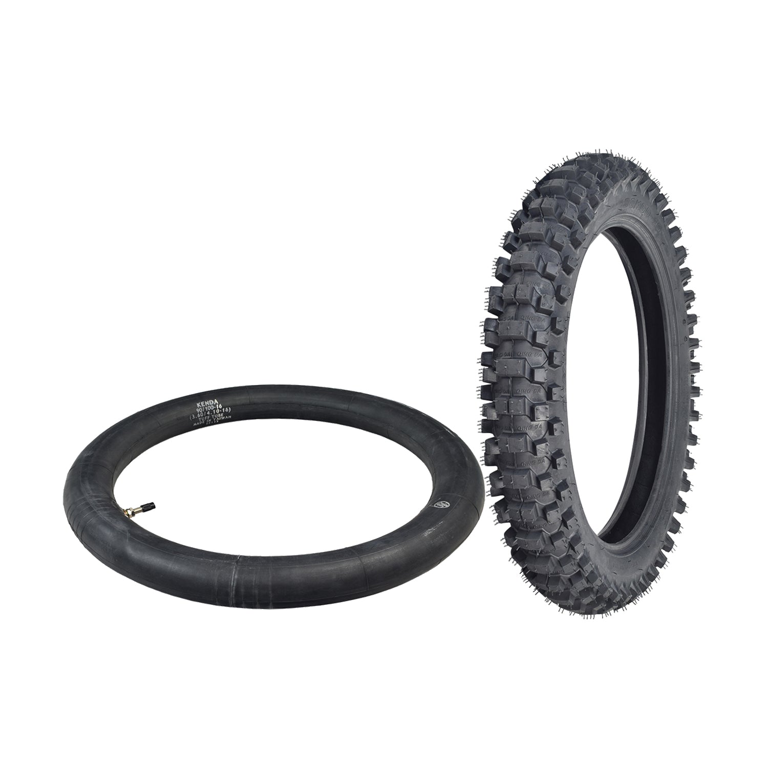 90/100-16 Dirt Bike Tire with QD015 Knobby Tread, shown close-up with aggressive tread pattern and thick knobs designed for superior traction on loose surfaces.