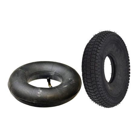 10x3 (3.00-4, 260x85) Pneumatic Mobility Tire with K372 Traction Tread shown with non-marking black rubber construction and an optional 90-degree angled valve stem inner tube.