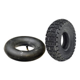 10x3 (3.00-4, 260x85) Scooter, ATV, & Go Kart Tire with Q113 Knobby Tread, shown with a 90-degree angled valve stem inner tube for enhanced off-road traction.