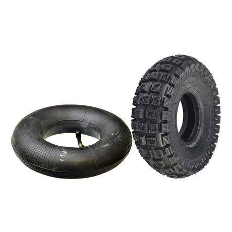 10x3 (3.00-4, 260x85) Knobby Tire for the Motovox MVS10 Stand Up Scooter, showcasing an aggressive tread pattern and available with an optional inner tube featuring a 90-degree valve stem.