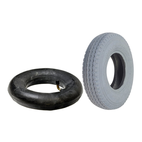 2.80/2.50-4 (9x3) Pneumatic Mobility Tire with C178G Power Edge Sawtooth Tread, showcasing a close-up of the non-marking gray rubber tread and brass tube, ideal for smooth indoor and outdoor use.