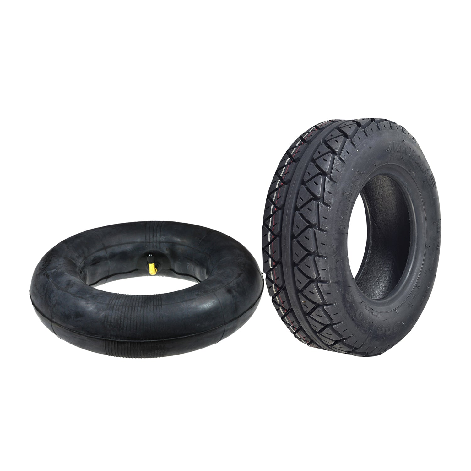 12x3.5 (300/70-6) Tire with IA-2884 Tread for ActiveCare Prowler 3310 & Prowler 3410 Mobility Scooters, shown with a diamond-patterned tread and an optional matching inner tube with a yellow handle.