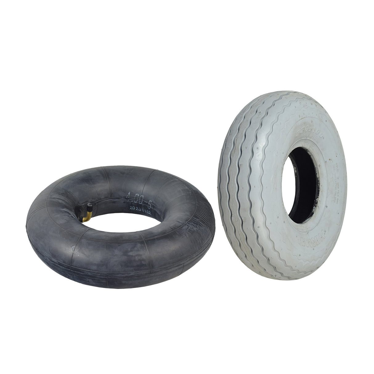 4.00-5 (13x4, 330x100) Pneumatic Front Tire for Shoprider Sprinter XL3 & XL4 Deluxe Scooters with zigzag tread pattern and option for a 90-degree angled valve stem inner tube.