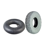 4.10x3.50-5 Pneumatic Mobility Tire with Nimble Knobby Tread shown in close-up, highlighting rubber material and tread pattern, suitable for smooth indoor and outdoor rides.