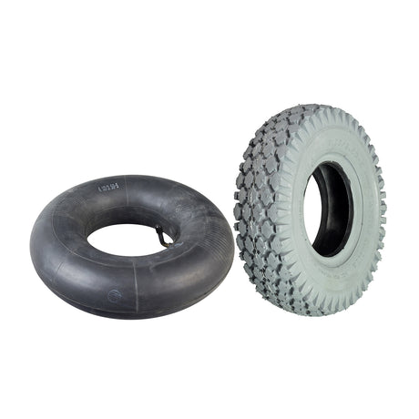 4.10x3.50-5 Pneumatic Mobility Tire with Nimble Knobby Tread shown in close-up, highlighting rubber material and tread pattern, suitable for smooth indoor and outdoor rides.