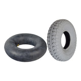 4.00-5 (13x4, 330x100) Pneumatic Rear Tire for Shoprider Sprinter XL4 Deluxe (889B-4XLS) showing non-marking gray rubber with IA-2889 tread pattern, accompanied by an optional inner tube with a 90-degree valve stem.