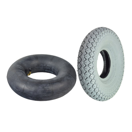 4.00-5 (13x4, 330x100) Pneumatic Mobility Tire with C154G Diamond Knobby Tread, displayed with a matching inner tube featuring a 90-degree angled valve stem, suitable for various mobility scooters.