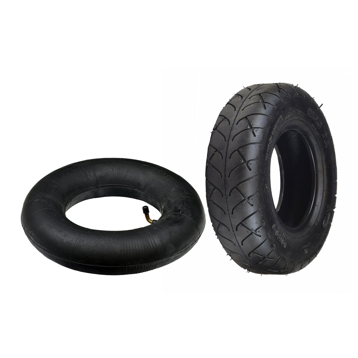 4.10/3.50-6 (90/90-6) Rear Tire for the Razor Rebellion Chopper with Q114 tread, shown with detailed cross pattern and optional inner tube with angled valve stem.