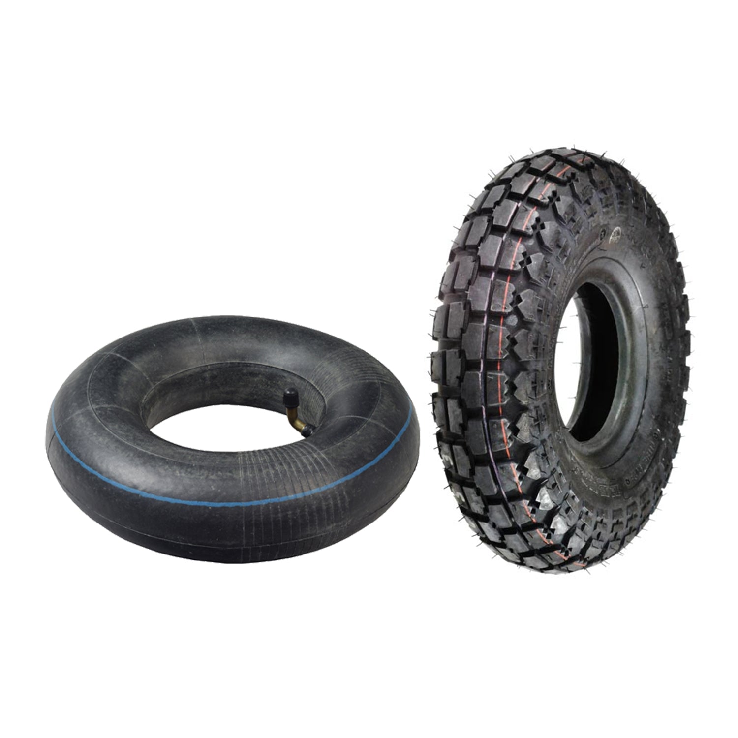 4.10/3.50-4 Knobby Scooter and Mini ATV Tire with K304 Tread Pattern, shown with distinct knobby treads and available options for matching inner tubes.