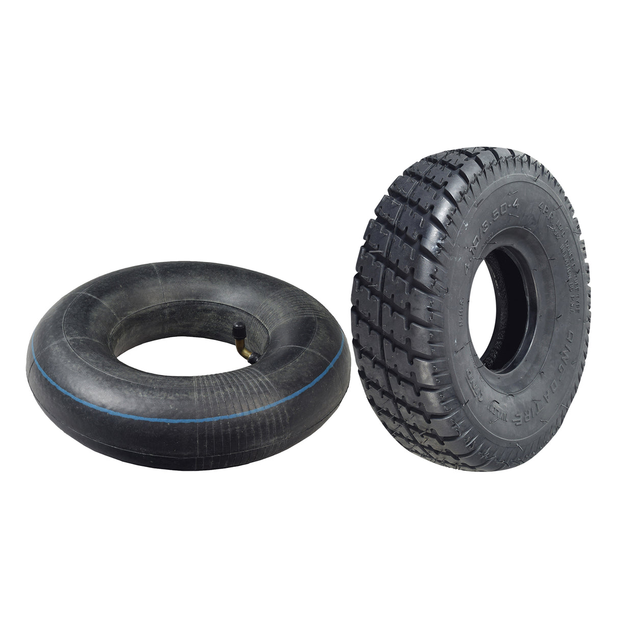 4.10/3.50-4 Pneumatic Scooter Tire with Q110 Tread, featuring a durable black rubber construction, visible valve, and a distinct blue line. Ideal for scooters and mini ATVs, available with an optional angled valve tube.