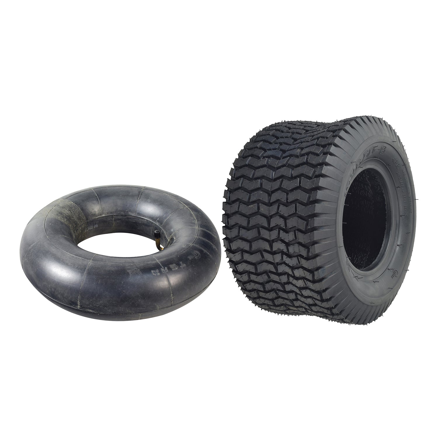 13x6.50-6 Black Pneumatic Mobility Tire with knobby tread pattern, suitable for front and rear wheels of the Pride Wrangler 4-wheel mobility scooter. Optional inner tube with 90-degree angled valve stem available.