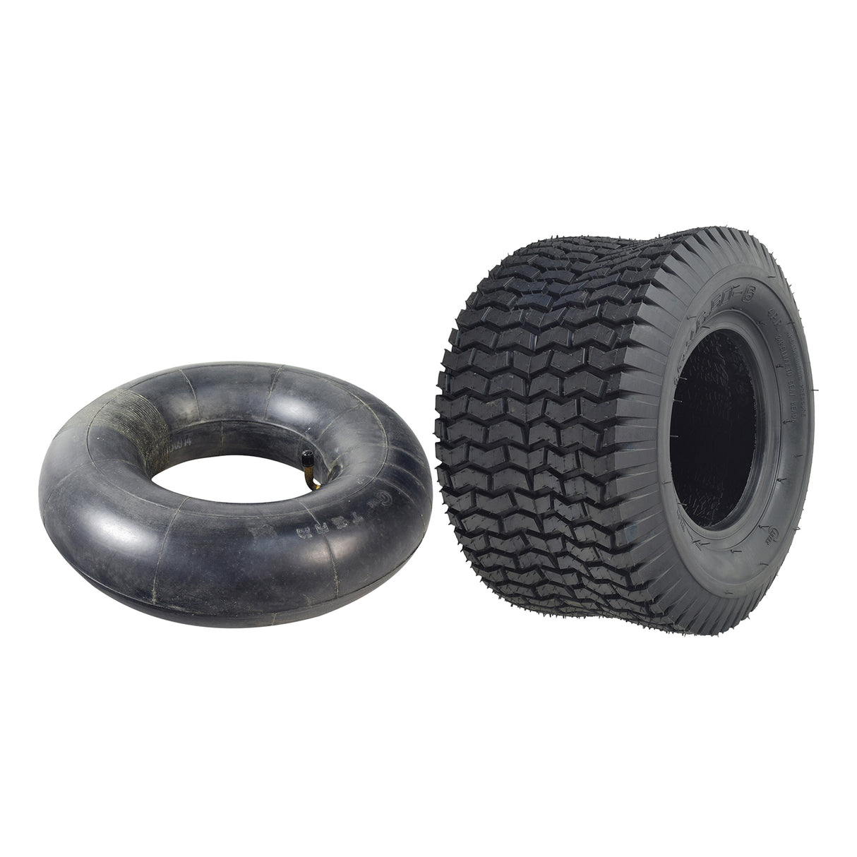 13x6.50-6 Tire for Murray Go-Karts, shown close-up to highlight the tread pattern and rubber texture, with an optional matching inner tube featuring a 90-degree angled valve stem.