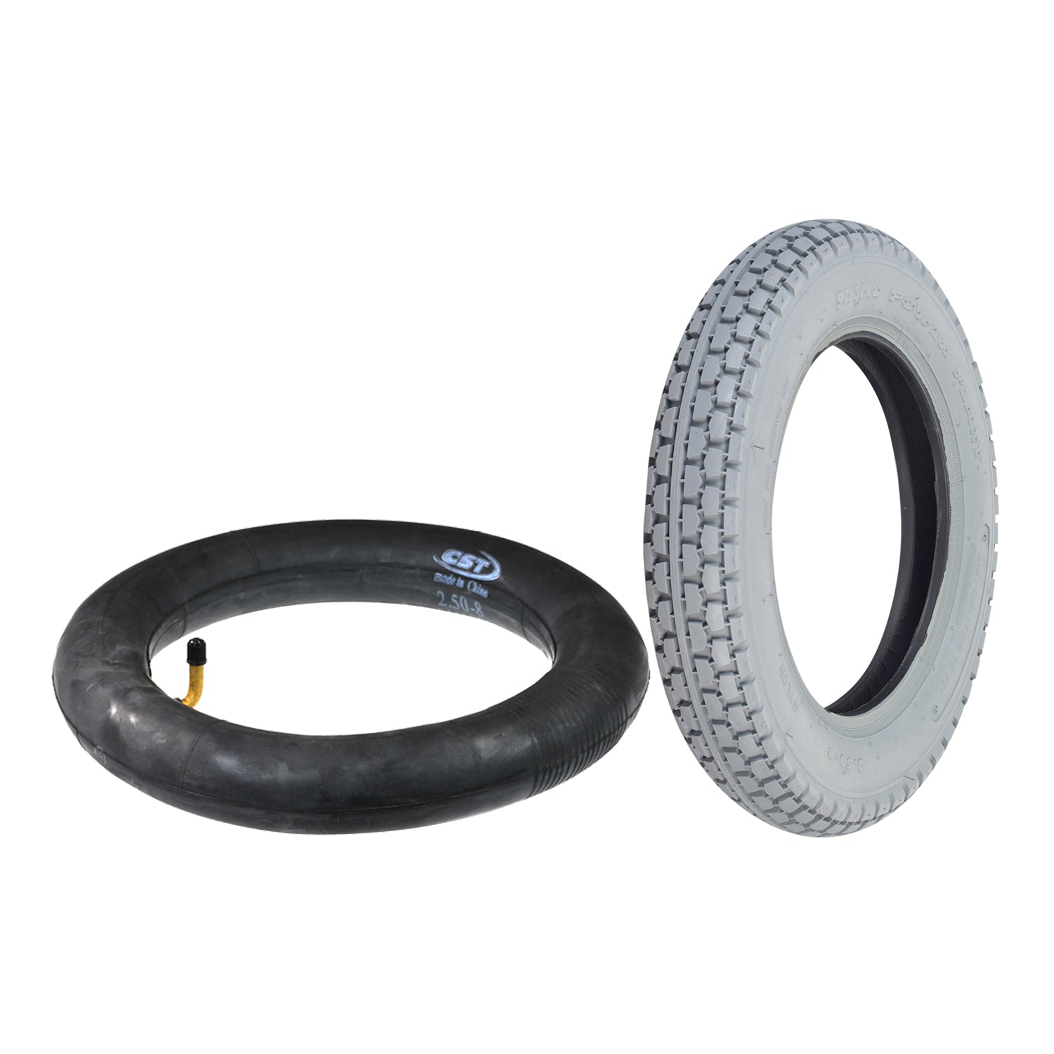 2.50-8 Pneumatic Mobility Tire with C177G Power Plant Tread, shown next to a matching tire and optional inner tube, featuring a black rubber rim and knobby tread for a smoother ride.