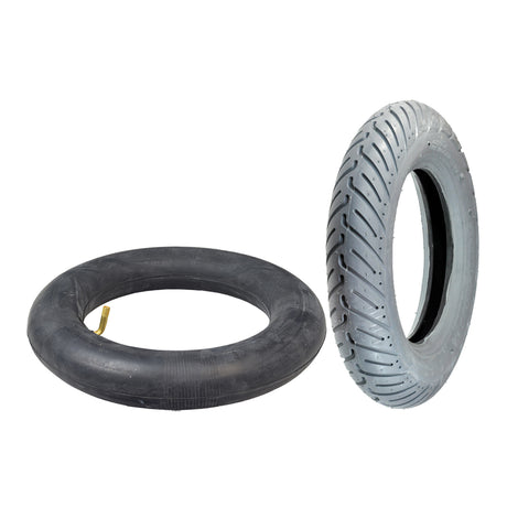 14x3 (3.00-8) Pneumatic Mobility Tire with C917G V-Tread, shown close-up, highlighting its robust design. Includes optional inner tube with a 90-degree angled valve stem for smoother rides on Quantum power chairs.