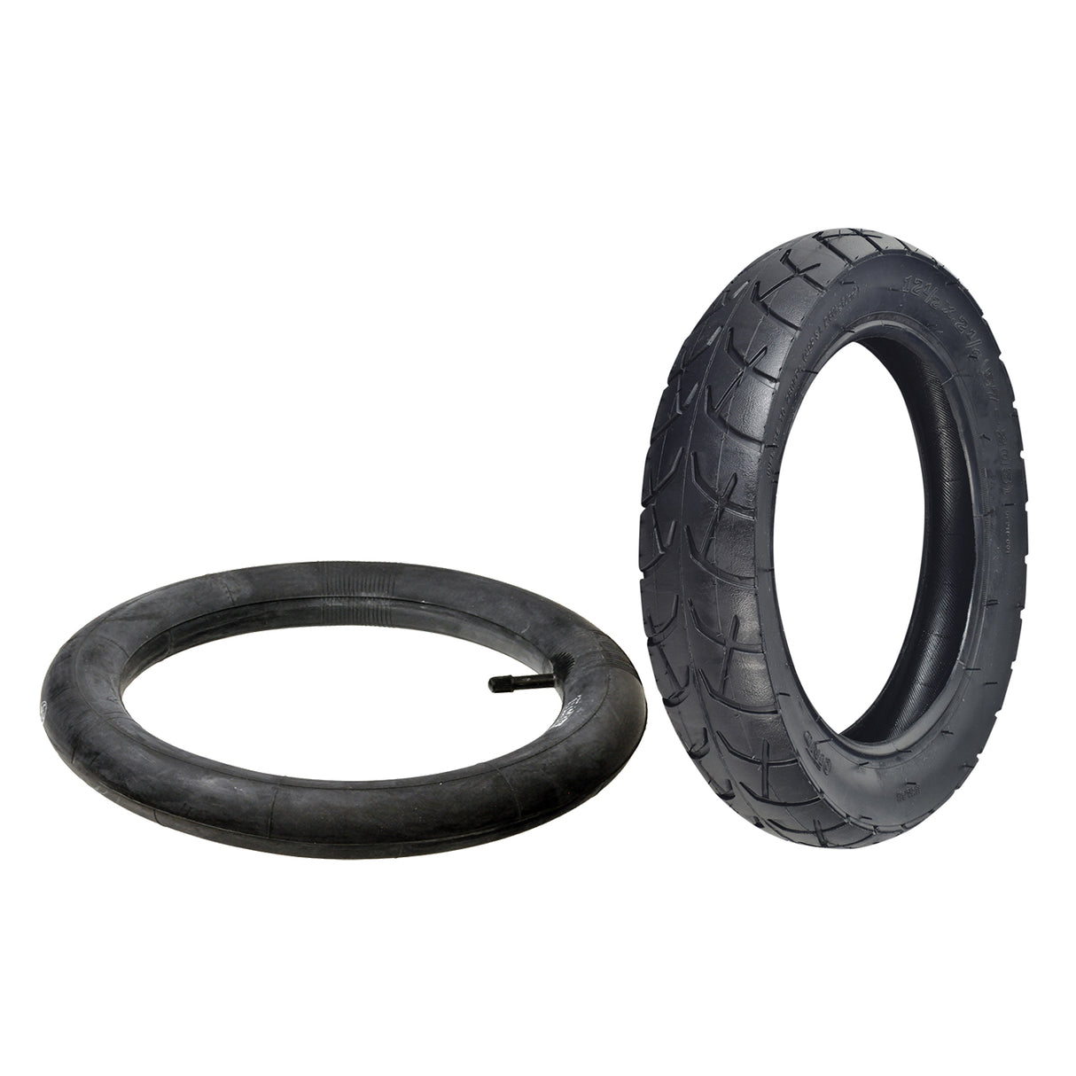 12-1/2x2-1/4 Tire for the Razor RSF350 Electric Sport Bike, showcasing a wide tread design, displayed next to another identical tire, highlighting its robust and sturdy construction.