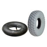 10x3 (3.00-4, 260x85) Gray Pneumatic Mobility Tire with C9210 Durotrap Tread featuring smooth round profile and in-cut tread pattern, shown with an optional inner tube and 90-degree angled valve stem.