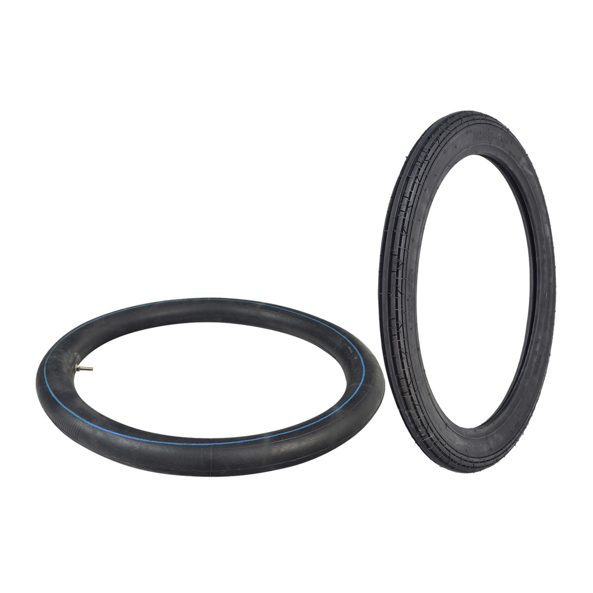 2.25-17 Pneumatic Tire with CY101 Tread for Scooters & Mopeds, featuring a black rubber design with blue lines, ideal for classic Honda Super Cub scooters and 1970s-1980s mopeds.