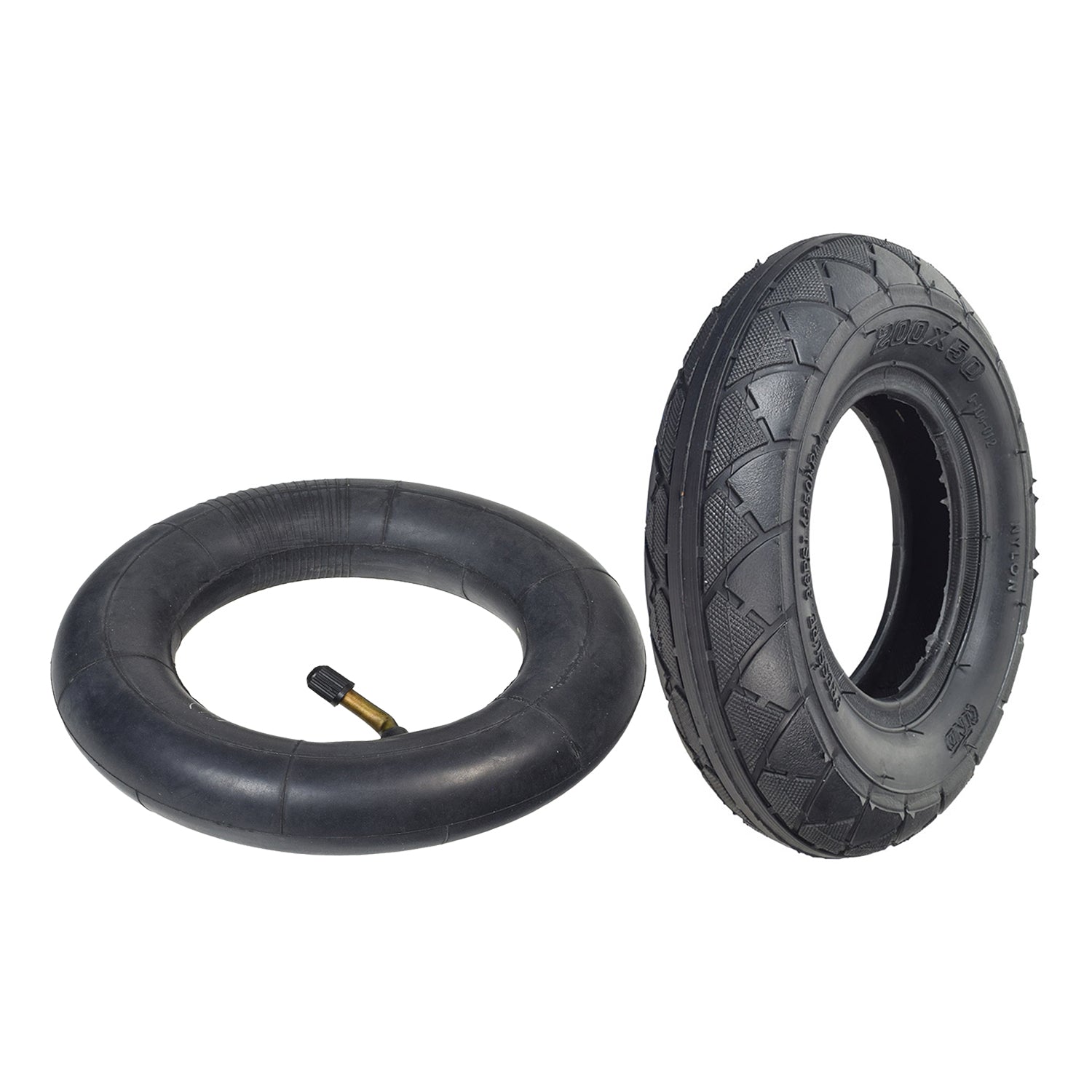 200x50 Tire for Razor E100, E100 Glow, & Power Core E100 Electric Scooters, shown with tread detail and optional inner tube featuring a 45-degree angled valve stem.