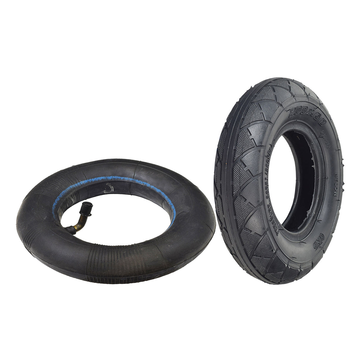 200x50 Tire for Razor E100, E100 Glow, & Power Core E100 Electric Scooters, showcasing a black tread with a distinctive blue rim.