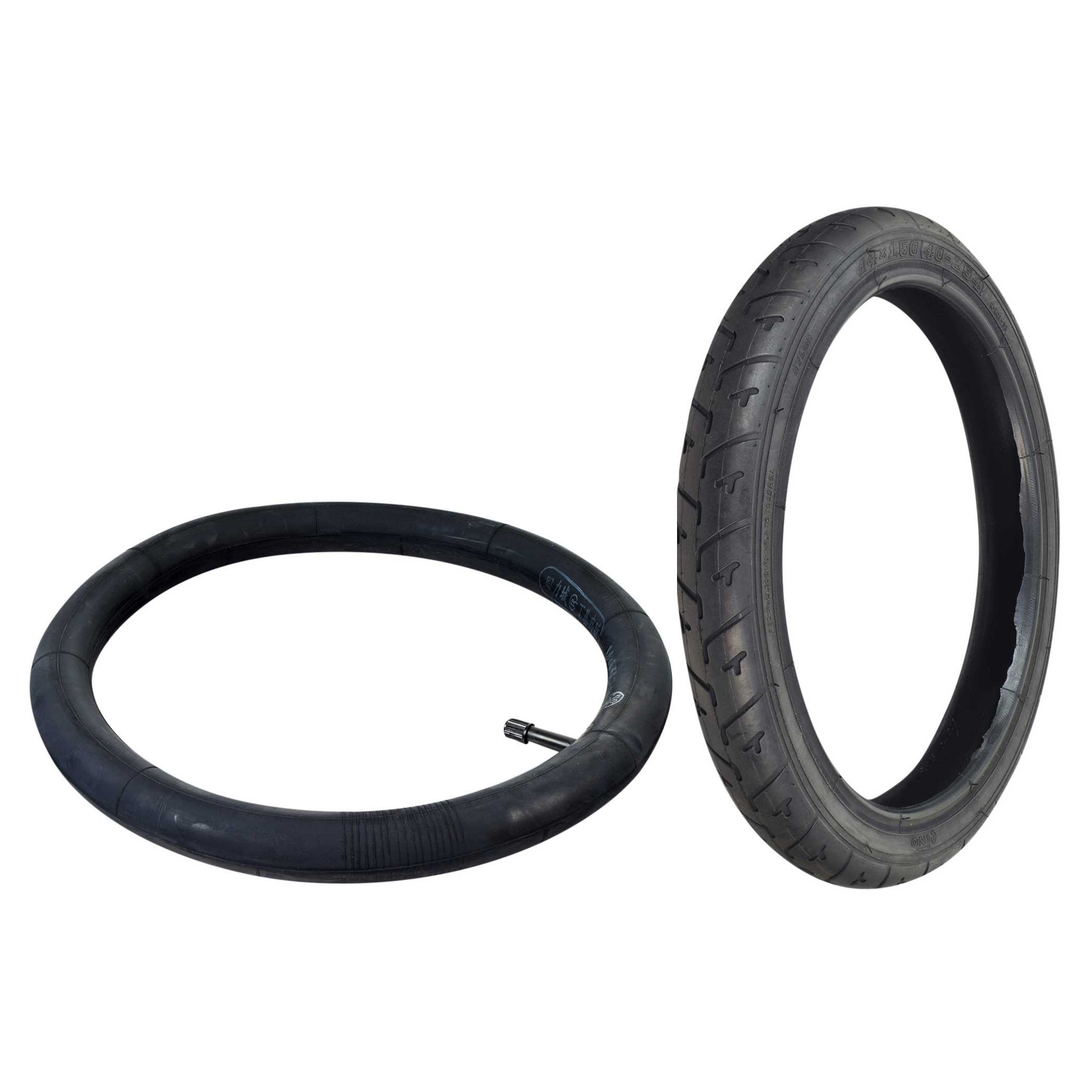 14x1.50 (40-254) Tire with Q209 Tread for the Razor Mini Chopper, showing a close-up of the black tire with shallow siped tread pattern, highlighting its circular form and metal valve stem option.