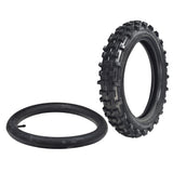 90/100-14 (3.00/4.10-14) Dirt Bike Tire with Knobby Tread, featuring deep tread pattern and robust sidewall, shown alongside optional inner tube with straight valve stem.