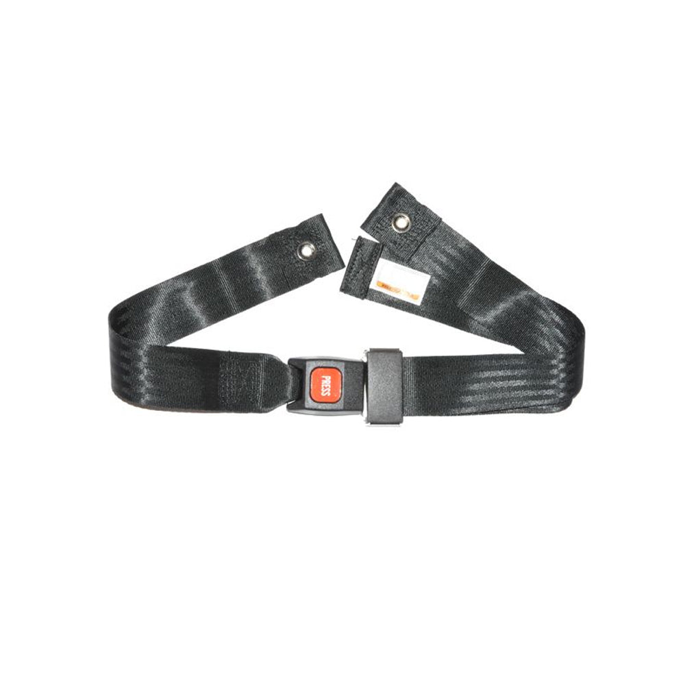 Seat Belt for Invacare Power Chairs, featuring a black belt with a close-up of a red press button and buckle, suitable for various Invacare power chair and scooter models.