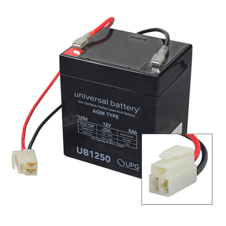 12 Volt 5 Ah Battery for the Razor MX125 Dirt Rocket with visible red and white wires, close-up views of connectors, and a compact, sealed black box design.