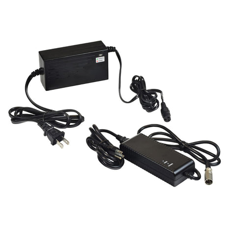 36 Volt 1.5 Amp Battery Charger for the eWheels EW-18 Stand-N-Ride, featuring a black power supply with attached wires and two connector options: XLR style with silver cover and 3-Prong black plastic plug.