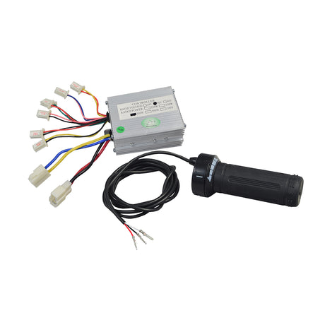 Minimoto Maxii & Motocross XRF500 Controller & Throttle Bundle featuring a grey control box with multiple colored wires, black handle, and connectors for battery, motor, and throttle attachments.