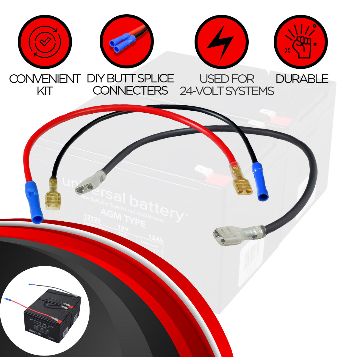 24 Volt Universal Battery Wiring Harness Kit featuring close-up views of wires, connectors, and battery terminals essential for connecting new batteries to electric scooter wiring.