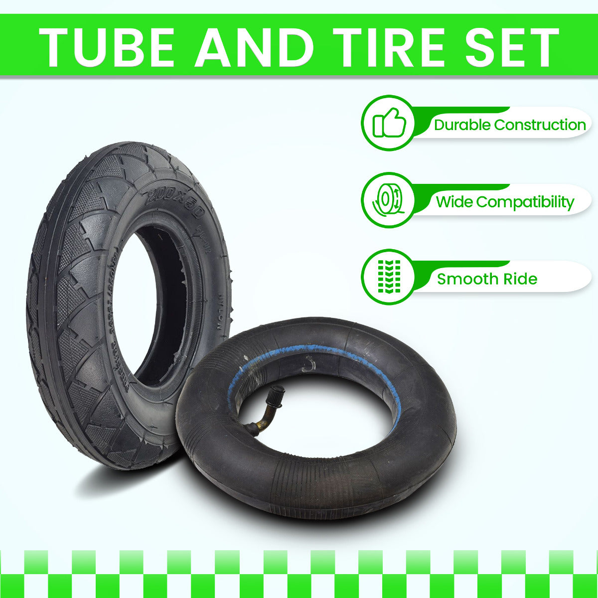 200x50 (8x2) Scooter Tire & Inner Tube Set featuring a black tire with a blue stripe, paired with an inner tube, ideal for various scooter brands.