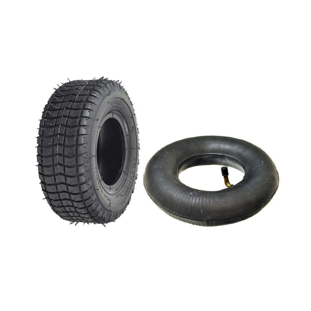 9x3-1/2 (9x3.50-4) Scooter Tire & Inner Tube Set featuring a black, spiked tread tire with an accompanying rubber inner tube, ideal for gas and electric scooters.