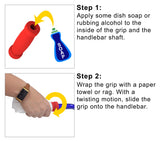 Handlebar Grip Set for Razor Kick Scooters & PowerWings, featuring soft foam tubes. Image shows step-by-step cleaning instructions and a blue soap bottle, emphasizing ease of installation.