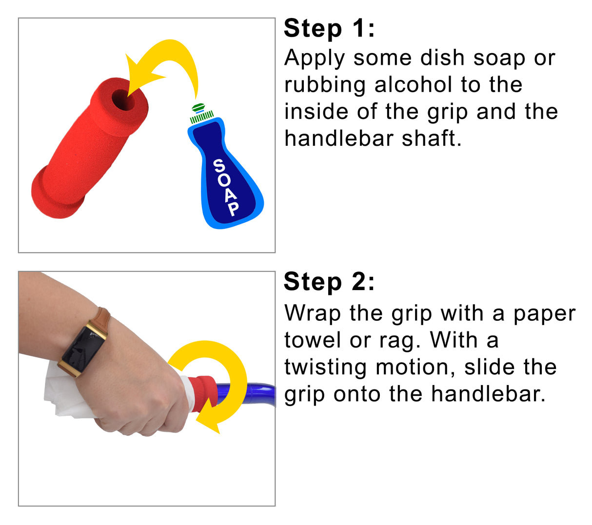 Handlebar Grip Set for the Micro Mini Kick Scooter showing foamy tubes with yellow arrows illustrating the application process using soap as lubricant for easy installation.