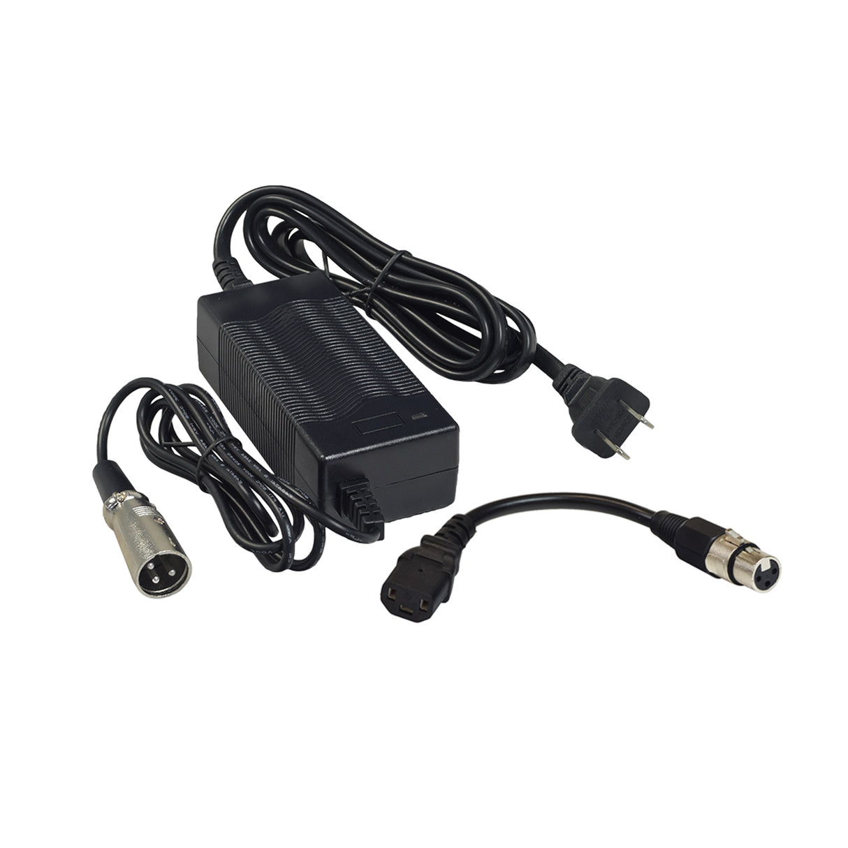 24 Volt 1.5 Amp Modified 3-Pin QL-09005-B2401500H Bike Battery Charger bundle with black power cord, XLR connector, and adapter for AGM lead batteries.