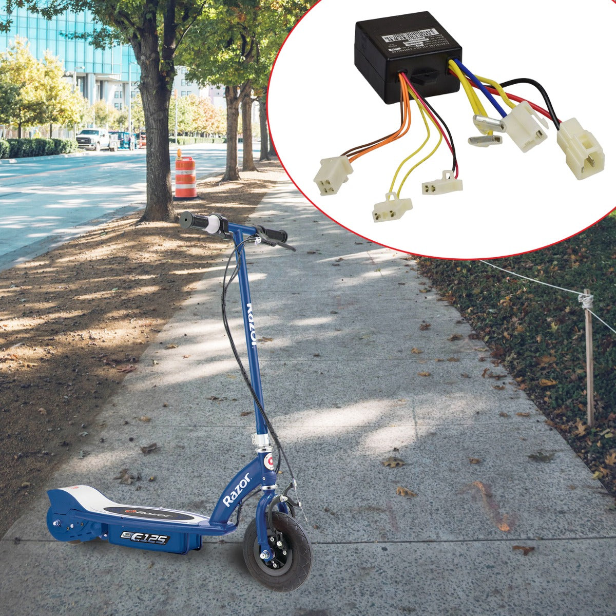 ZK2400-DP-FS Control Module with 4-Wire Throttle Connector for Razor eSpark and E100/E125 (Versions 10+), featuring a black box with colorful wires, displayed on a sidewalk near a blue scooter.