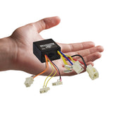 ZK2400-DP-FS Control Module with 4-Wire Throttle Connector for the Razor E150, shown being held in a hand, featuring colorful wires extending from a small black box.